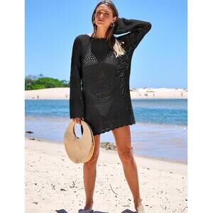 Prinbara Crochet Cover Up Women SZ S Black Long Sleeve Mesh Knit Beach Dress S4